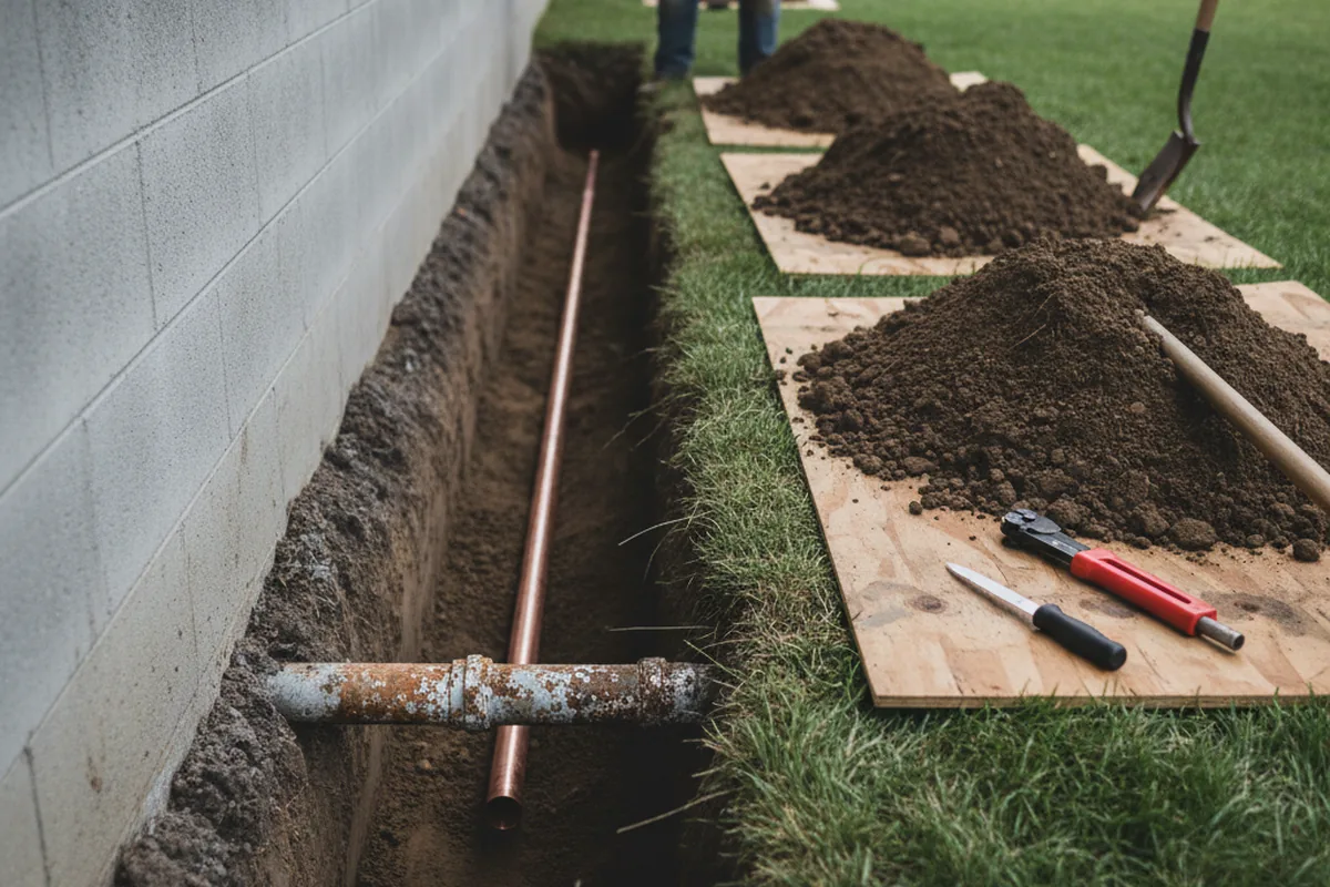 Excavated water line trench during Sewer Line Repair in Dyess AFB